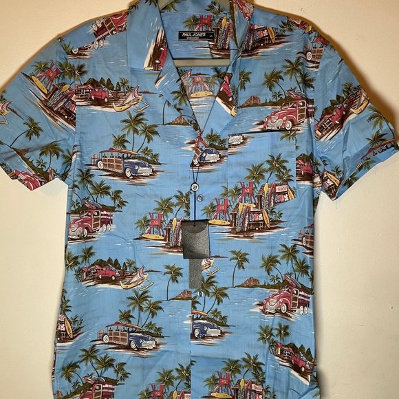 PJ Paul Jones Mens Blue Tropical Hawaiian Short Sleeve Button Up Shirt Small - Picture 1 of 8